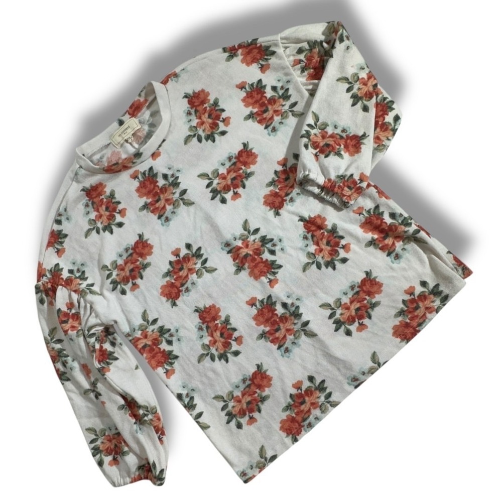 No Comment Top Off White Roses Womens Small Modest Soft Floral 3/4 Sleeve Blouse